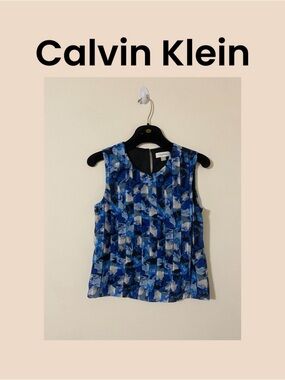 Calvin Klein Blue Multi-Pattern Pleated Sleeveless Blouse Size Small